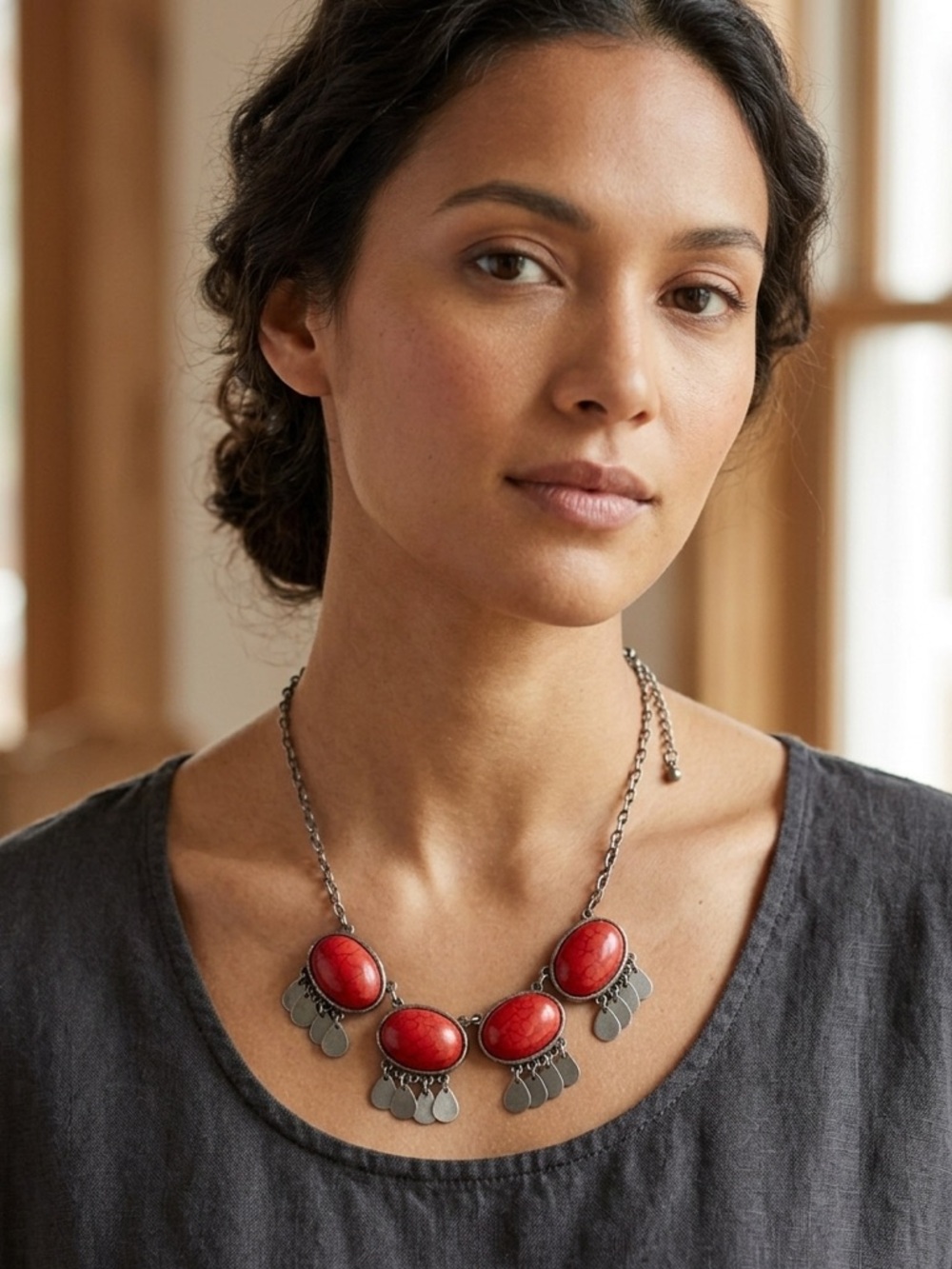 Red and Silver tone Statement Necklace